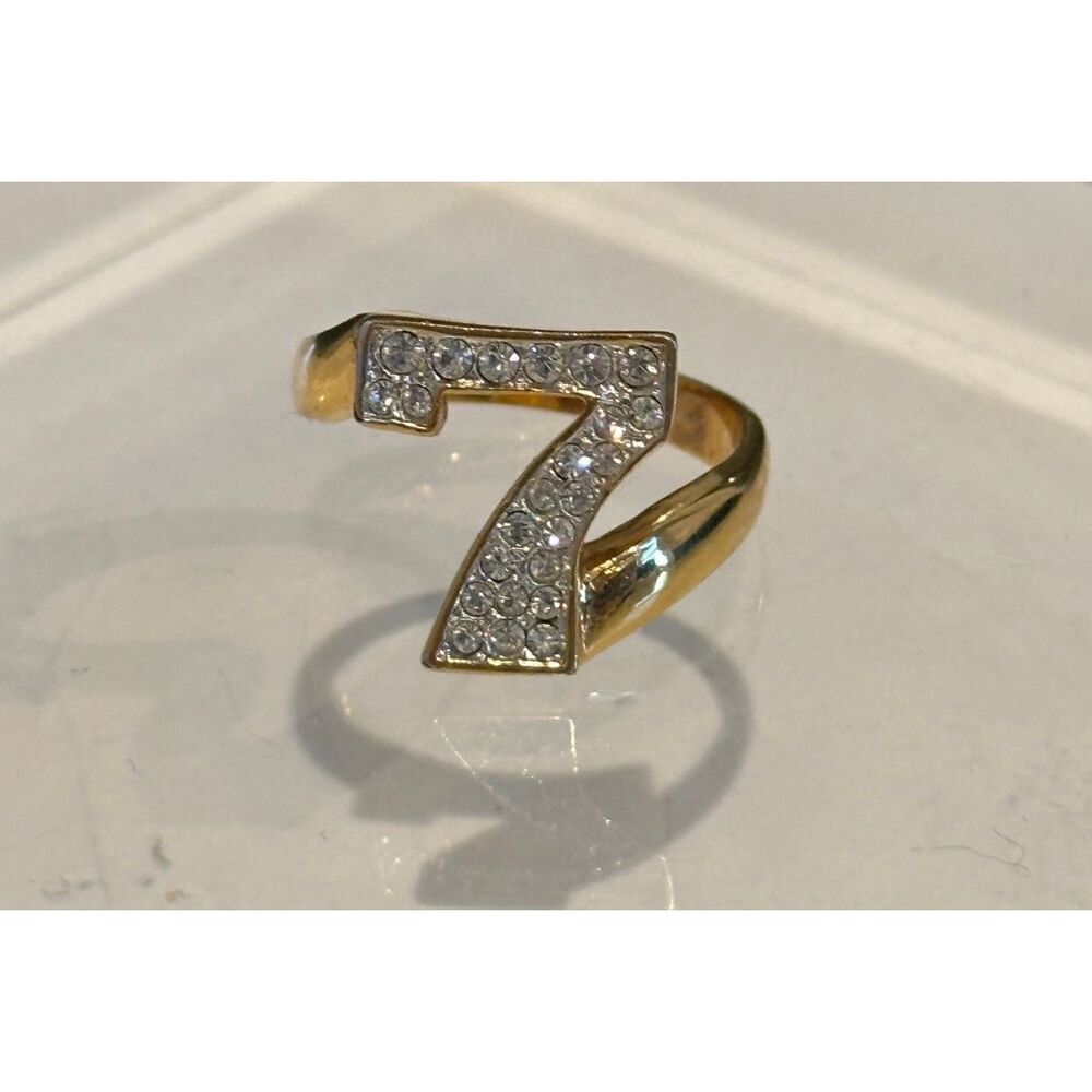 Napier Size 7 Crystal Lucky Number 7 Gold Ring 24KT Plate Casino Gambling Vegas